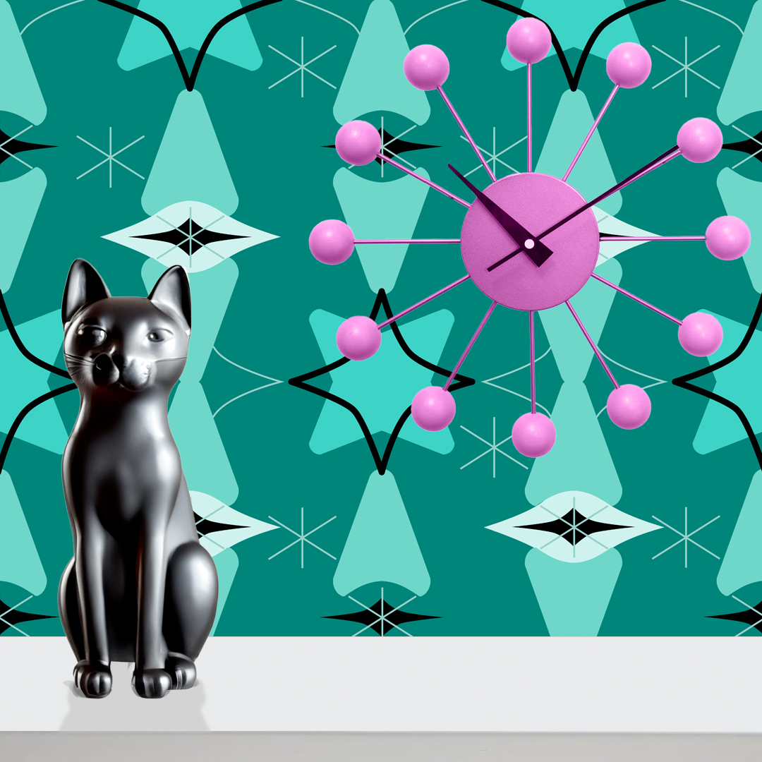 The artwork features a repeating geometric pattern of symmetrical shapes resembling elongated, curved diamonds or petals in various shades of blue and green. Each shape is split vertically with one half filled with a light blue and the other half filled with green or darker blue. The background is a light, almost pastel blue, which provides a soft yet vibrant backdrop. One of the blue shapes near the upper left contains a white starburst element, adding a focal point of brightness to the composition. The overall design conveys a modern, mid-century aesthetic with clean lines and harmonious color contrasts.